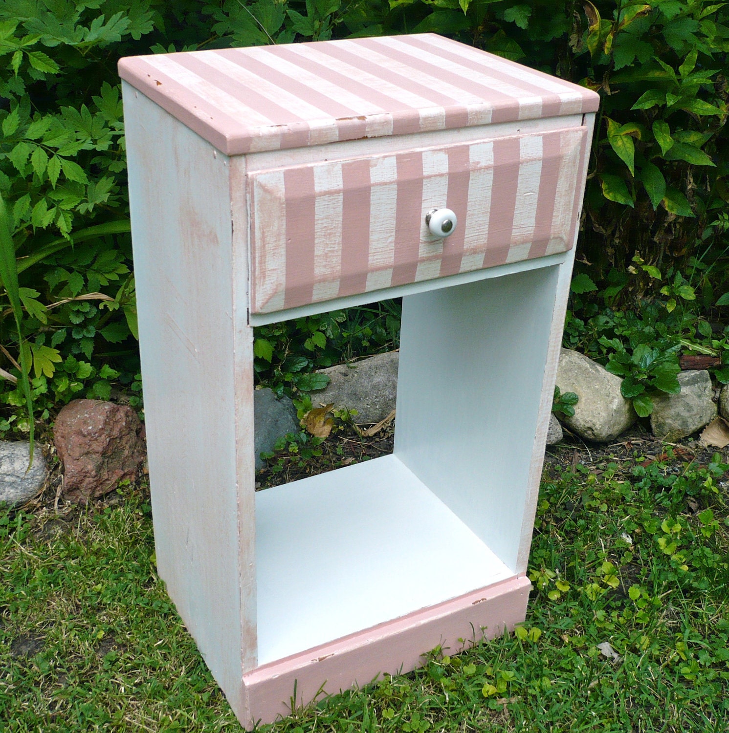 Nightstand Storage Drawer Pink White Stripes Vintage