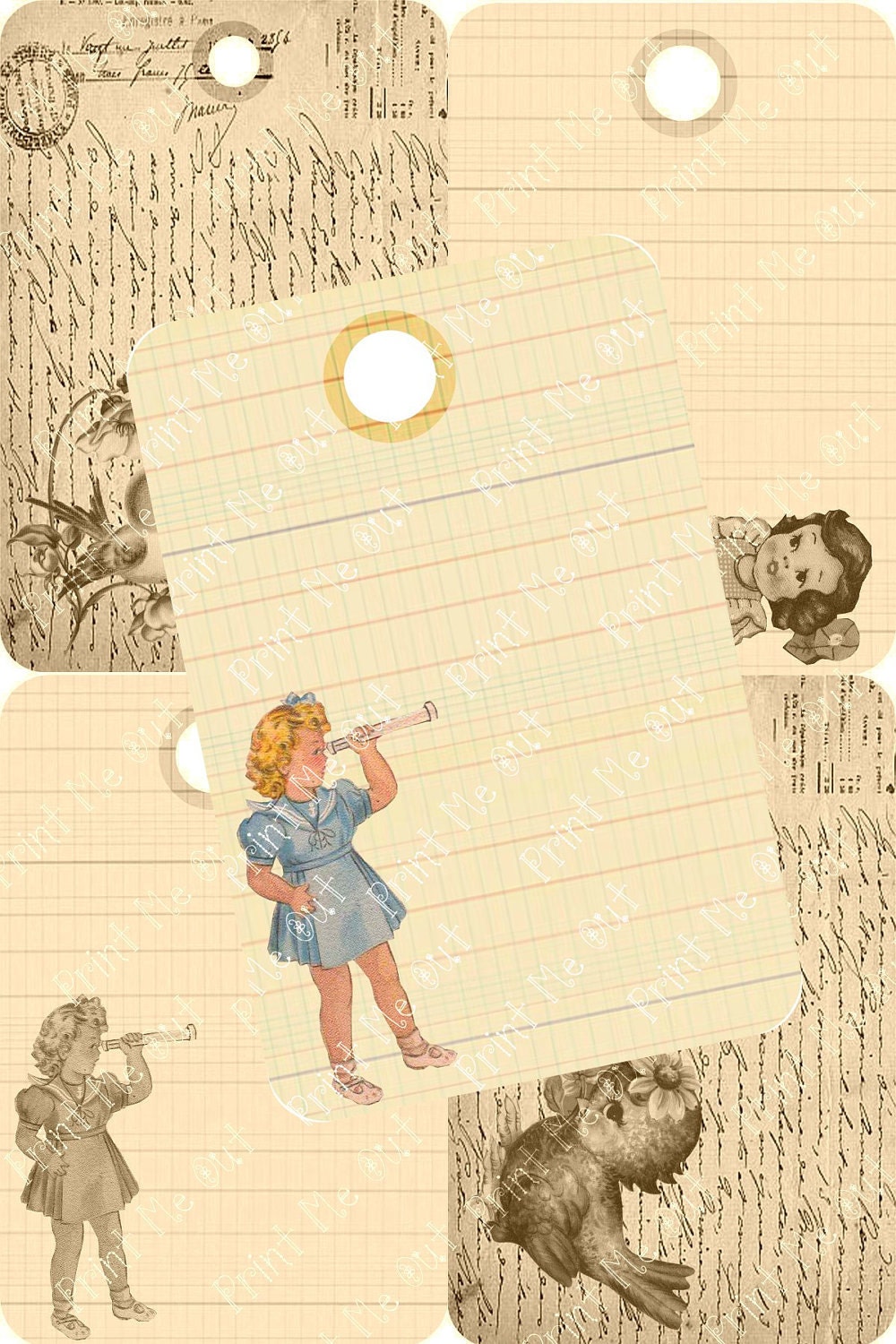 Digital Vintage Ephemera Inspired Kitschy Cute Bird and Little Girl  2x3 Tags