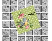 Kitschy Blue Bird Pink Rose Vintage Paper Ephemera Inspired Scrabble digital collage sheet 1inch squares