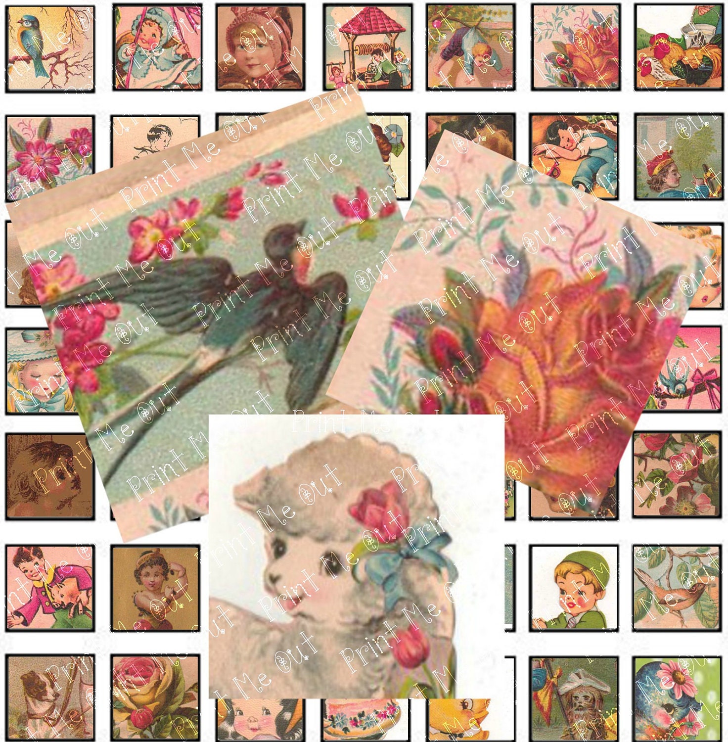 Kitschy Reto Vintage Paper Ephemera Inspired Scrabble digital collage sheet .75 x .85 squares