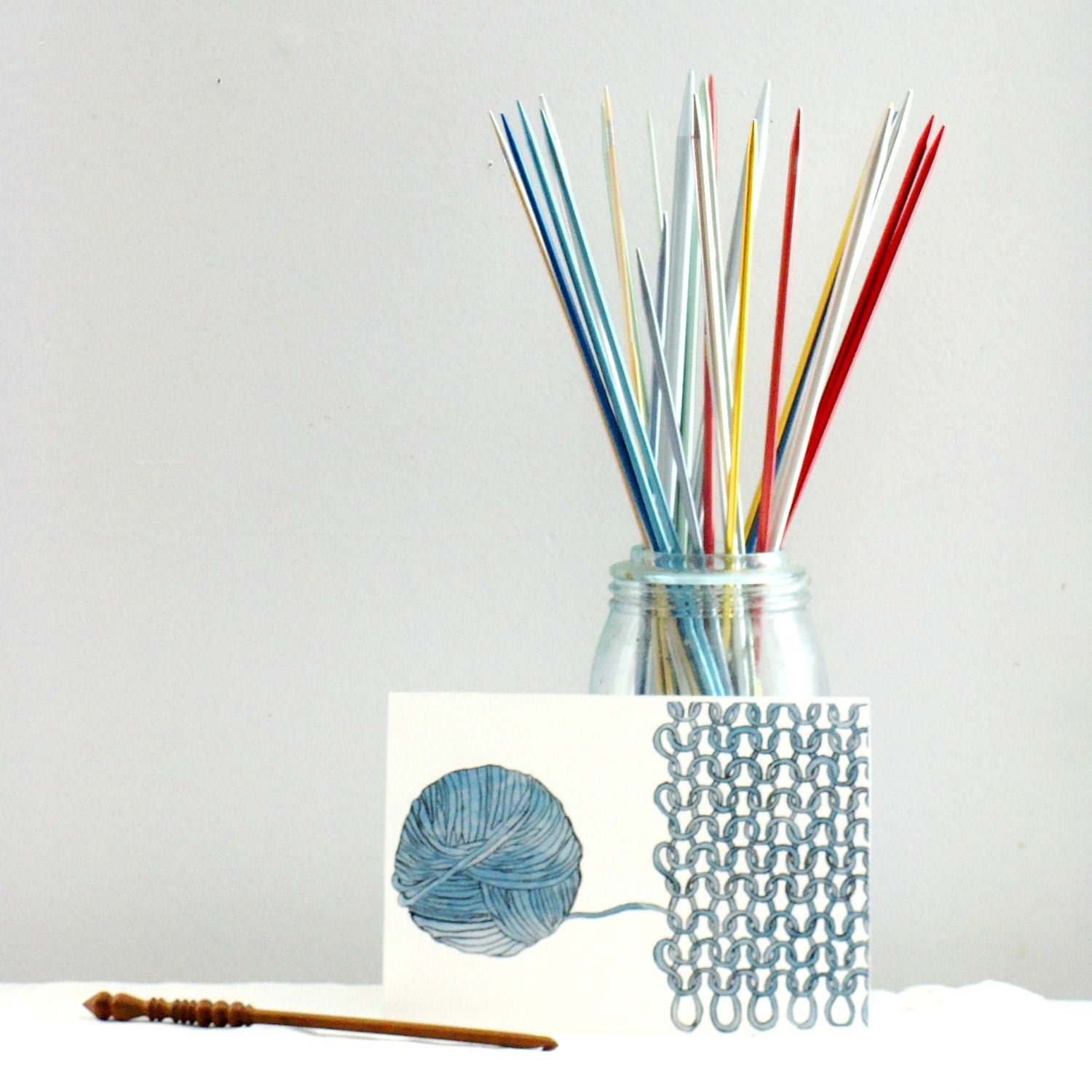 Knitting Paper - 5x7 Watercolor Print Turquoise Blue Gray Yarn being Knitted