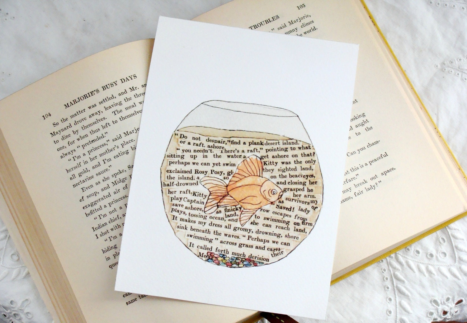 Swimming in Words - 5x7 print of watercolor mixed media Goldfish in a fish bowl with printed book words