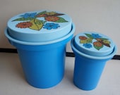 Kitschy Vintage Set of Blue Plastic Kitchen Canisters with Mod Retro Flowers