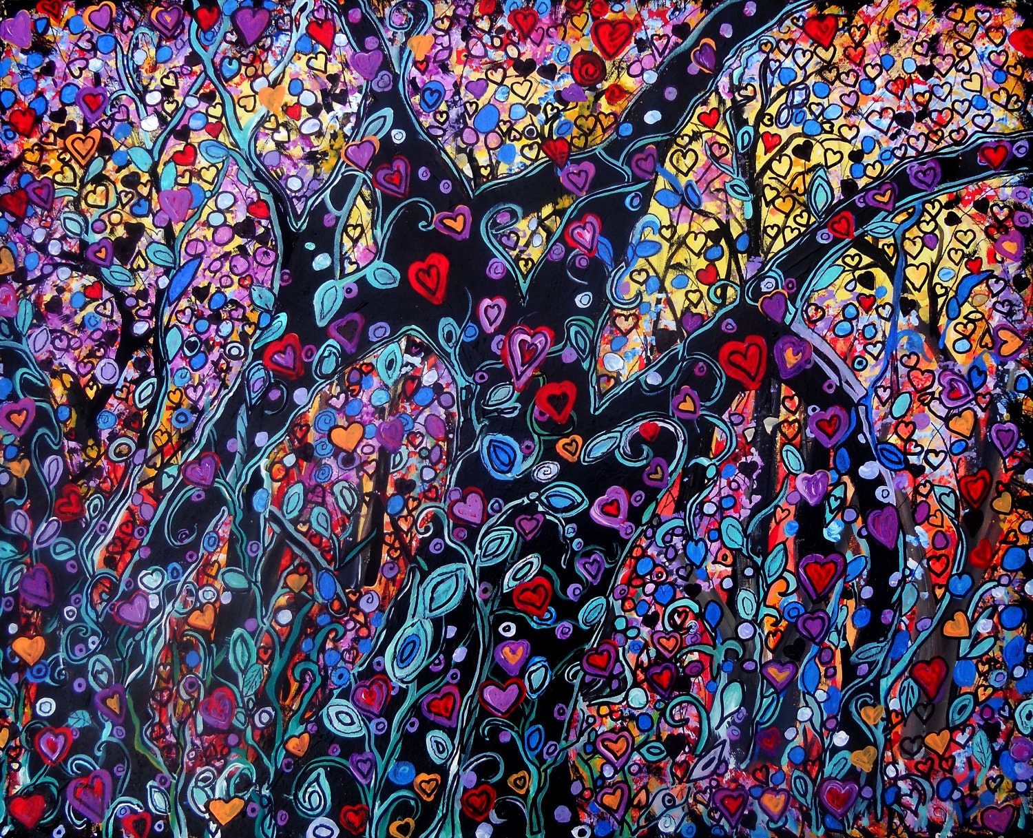 FOREST of  LOVE  Large Abstract  Tree Art  forest landscape  Giclee Print from my original painting Trees fantasy  hearts by suzeee