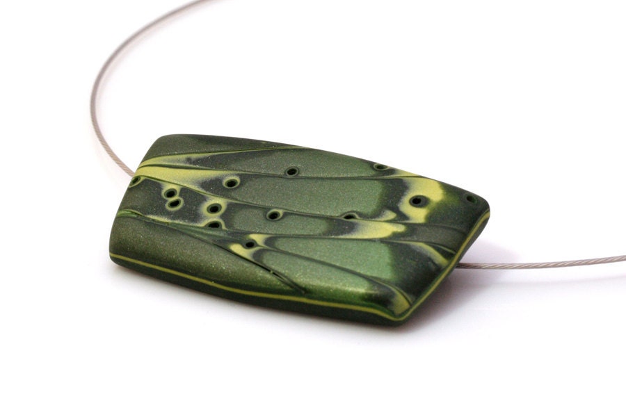 Original Art Pendant Necklace - OOAK Polymer Clay Green Necklace - Wind Across The Grass - JagnaB