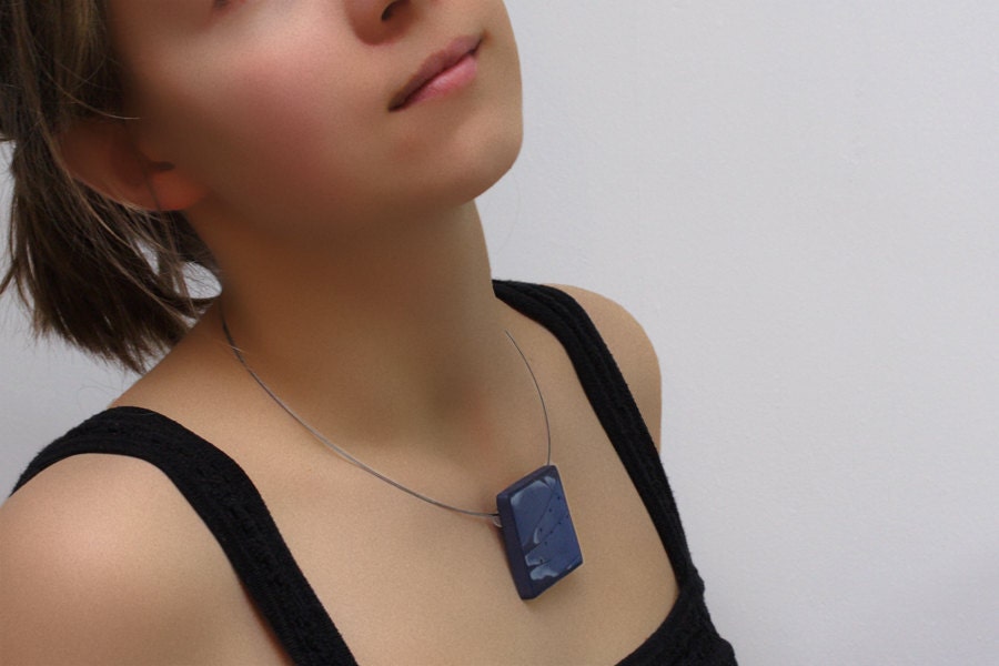 Contemporary Pendant Necklace in Blue Polymer Clay, OOAK