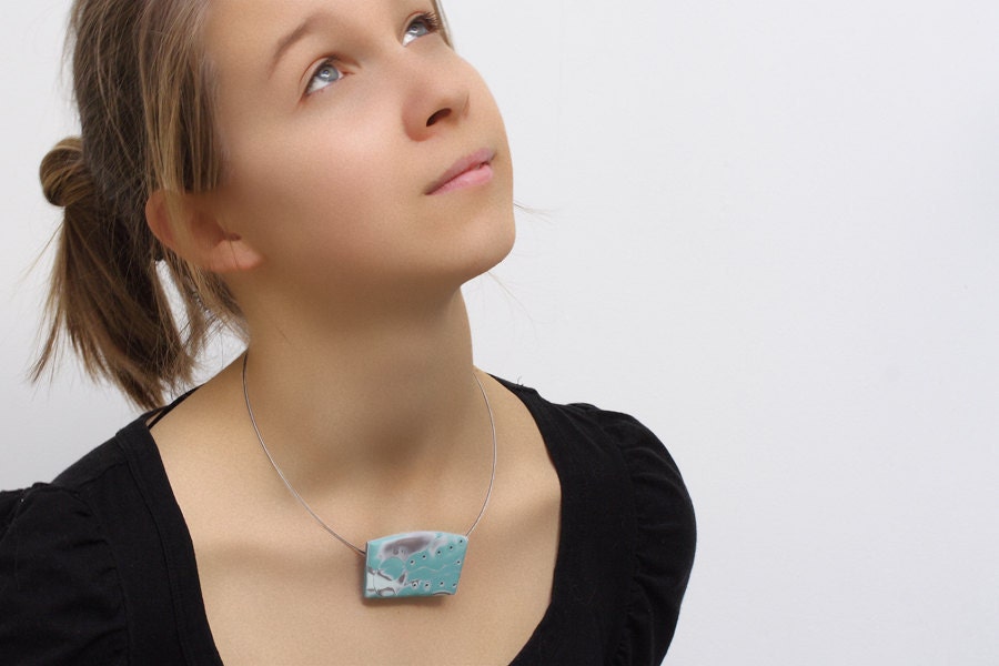 Mint Green Pendant Necklace, Abstract Pendant In Polymer Clay
