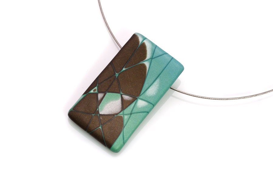 Modern Polymer Clay Pendant  Necklace In Mint Green, Brown And Silver