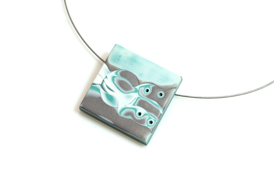 Green Square Pendant Necklace, Mint , Aqua, Silver, Gray Polymer Clay