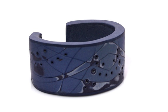 Blue Cuff Bracelet, OOAK Polymer Clay Cuff, Abstract Jewelry