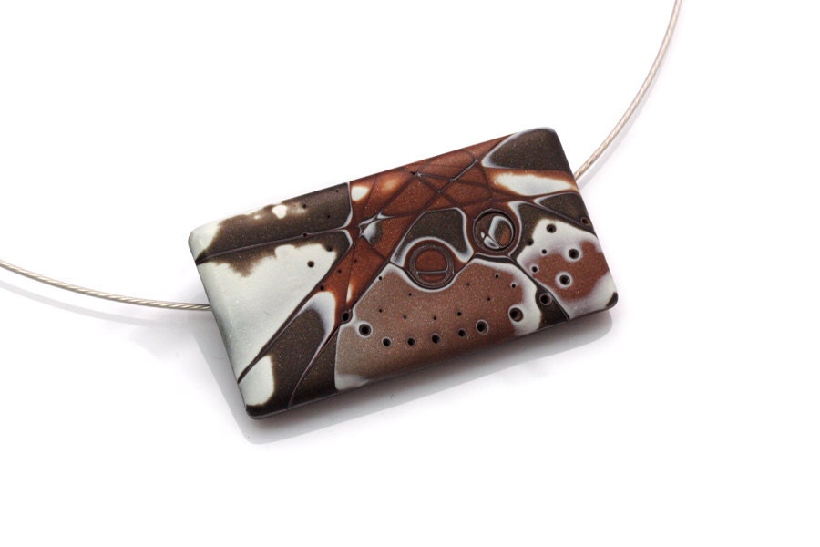 Original Art Pendant Necklace, OOAK Polymer Clay Pendant, Brown