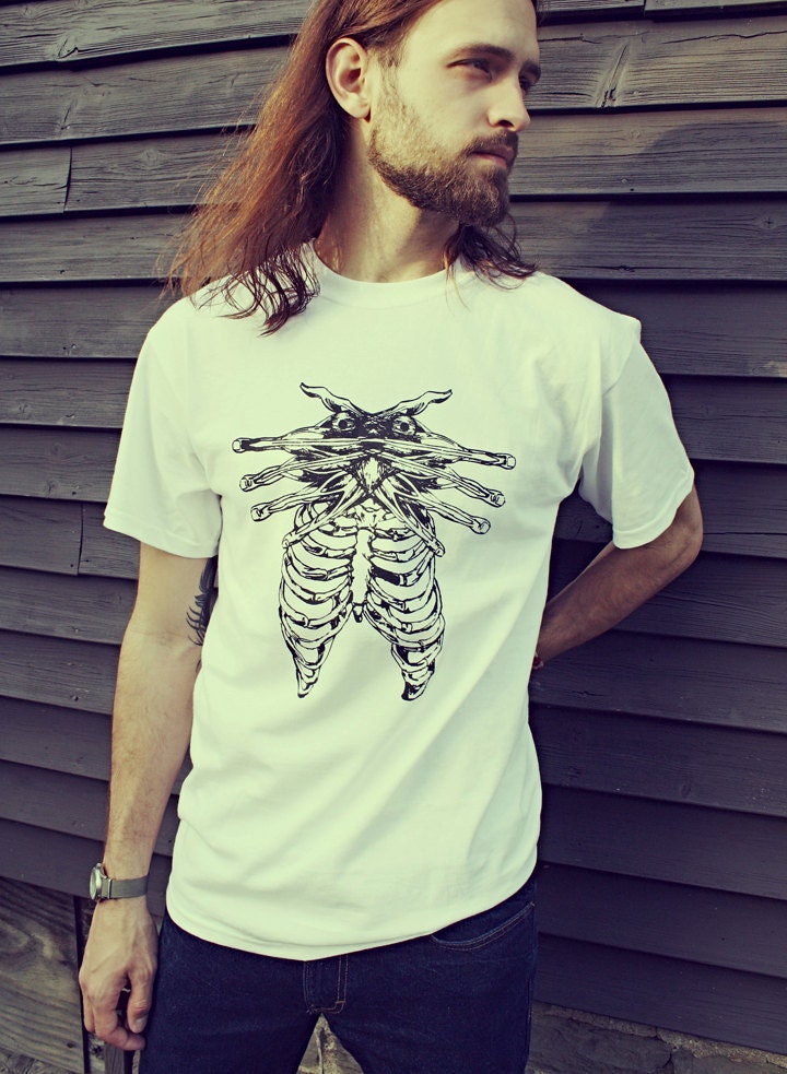 Handmade LARGE Owl T Shirt, Screen Printed Bones, Mens, White, t-shirt, Eco-Friendly, Up-cycled, Original Artwork