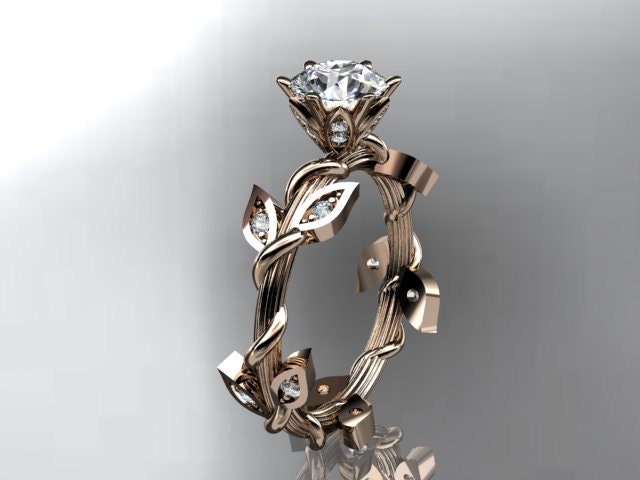 14kt  rose gold diamond leaf and vine wedding ring,engagement ring.nature inspired jewelry