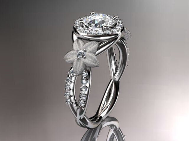 14kt white gold diamond leaf and vine wedding ring,engagement ring,wedding band with moissanite center stone ADLR127