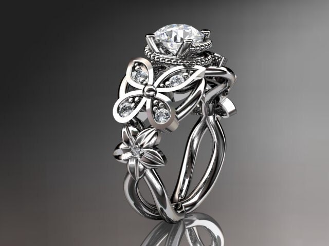 14kt white gold diamond floral, butterfly  wedding ring,engagement ring,wedding band with moissanite center stone ADLR136