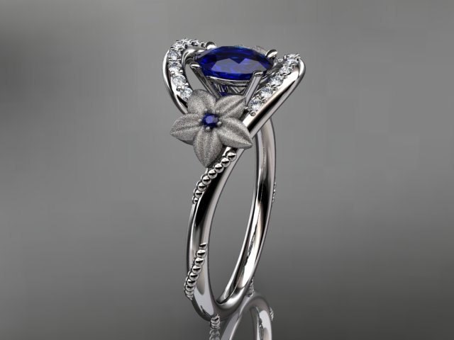 14kt white gold diamond unique floral engagement ring,wedding ring ADLR166. with natural royal  blue sapphire center stone