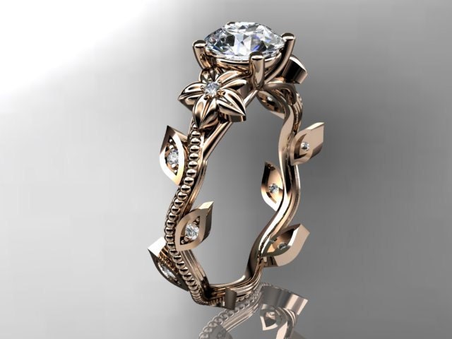 14kt  rose  gold diamond leaf and vine wedding ring,engagement ring. ADLR151. nature inspired jewelry