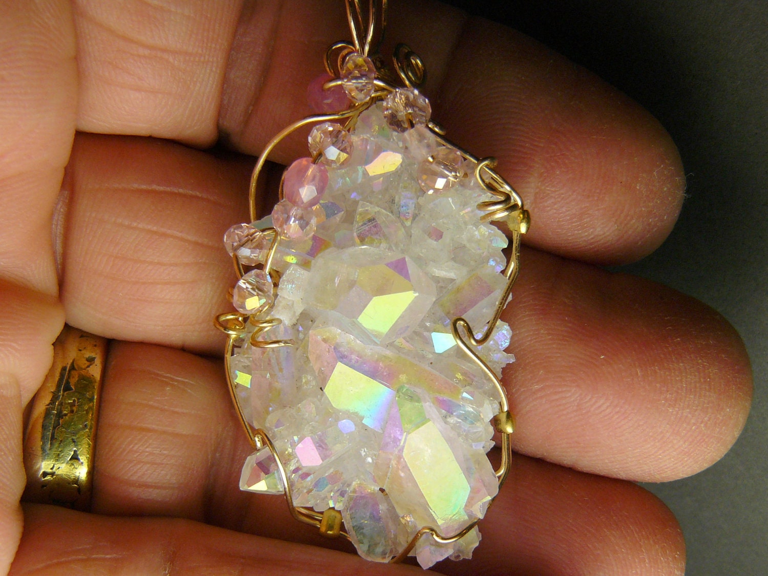 AURORA Opalized Crystal Wire Wrapped Pendant in 14kgf wire - This would look stunning as Crystal Wedding Jewelry