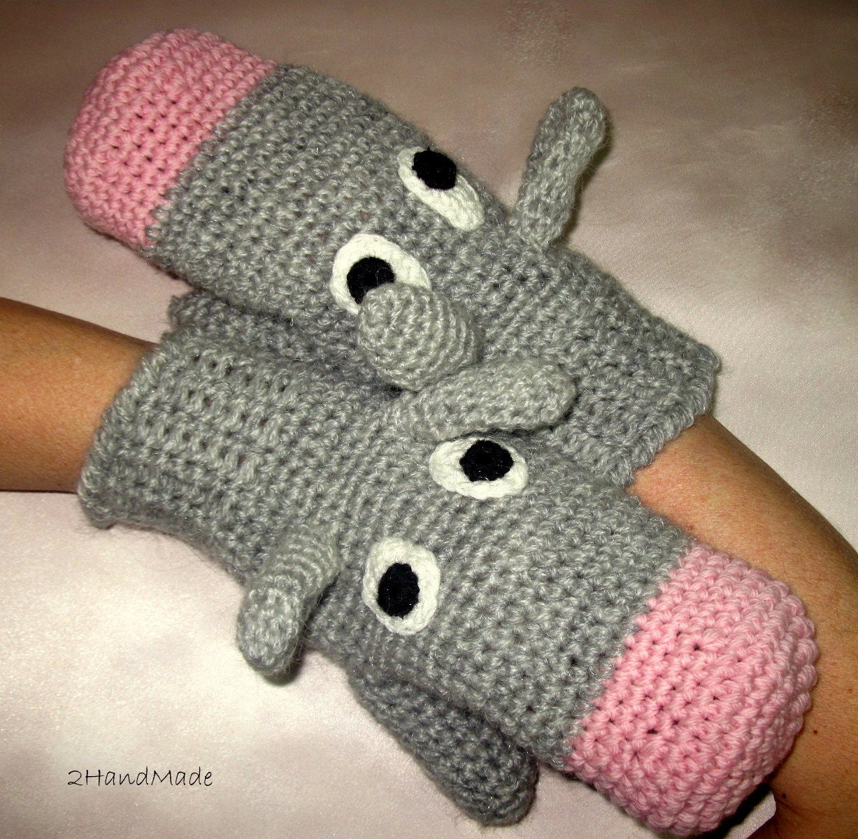 Funny Chunky Crochet Gloves Mittens Animal Puppets Donkey Ass Unisex Boy Girl Teens Women Men Angora Sheep Wool Gray Grey Pink Hand Warmer