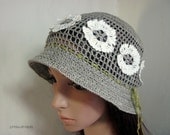Woman Lace Crochet Ladies Vintage Sun Cloche Bucket Hat Pure Unbleached Linen Flax White Flowers Double Brimmed Summer Spring