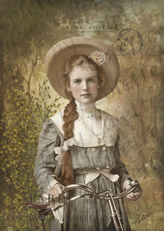 Beautiful Girl on Bicycle Path Digital Collage Greeting Card