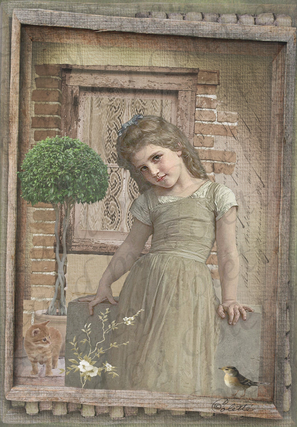 By the Stone Wall Digital Collage Greeting Card