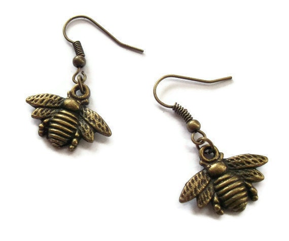 Bee Earrings, Brass Honeybee, Insect
