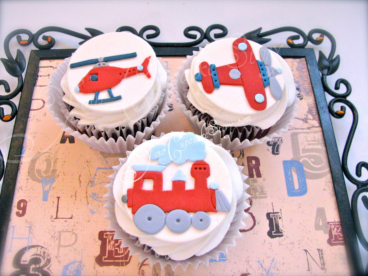Plane Train & Helicoptor Fondant Cupcake Topper Set