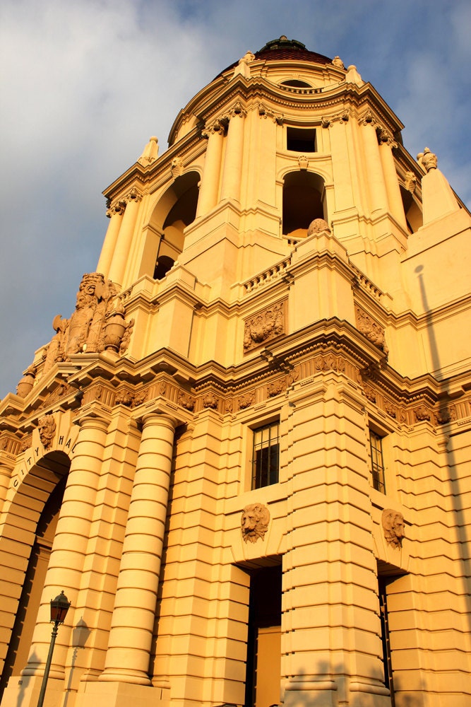Architecture photography, golden, historic, Pasadena City Hall 9x12 metallic photograph