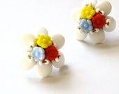 White Vintage Earrings Screw on Flower Red Yellow Sky Blue Glass Beads