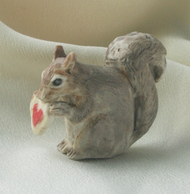 Teeny Squirrel Nibbling Heart-Shaped Cookie, Ceramic Miniature Totem