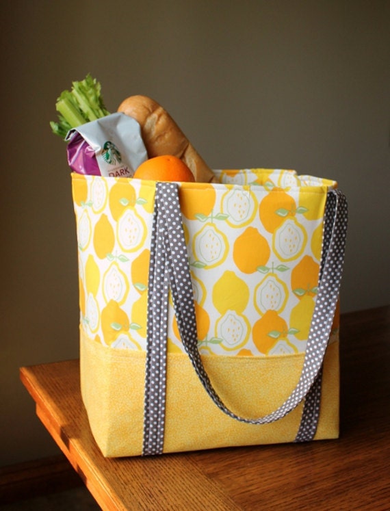 Tote Large Yellow and Gray Cotton Tote with Pockets Galore