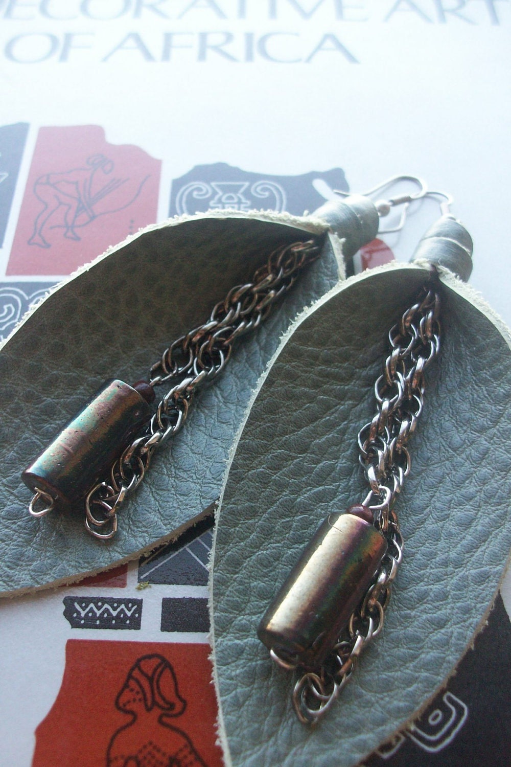 Leather, chain and glass dangling earrings