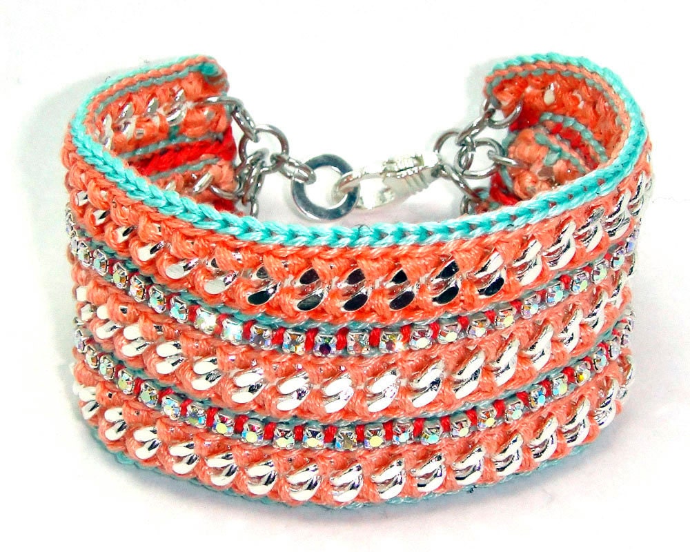 Island Storm designer friendship bracelet with Chains, Thread & Crystals - Made To Order