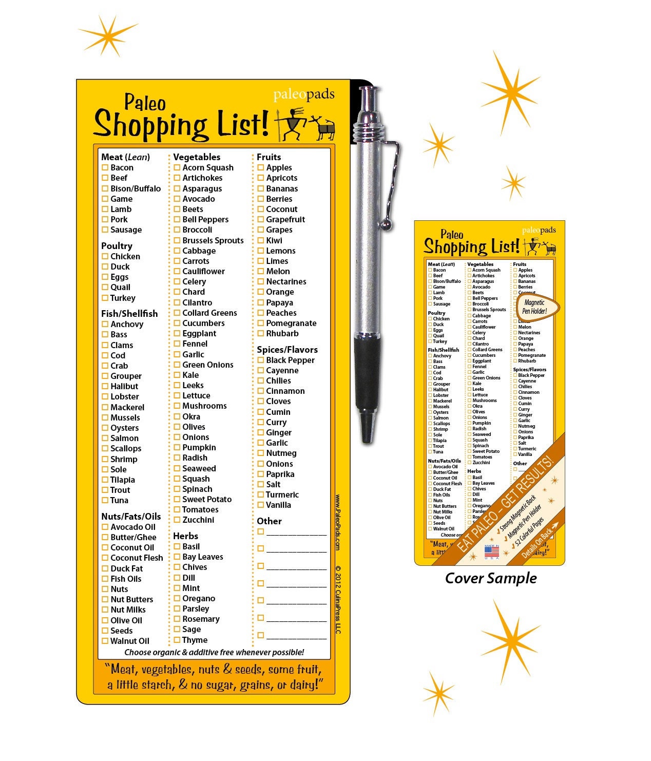 Paleo Shopping List Notepad with Magnetic back & Magnetic pen