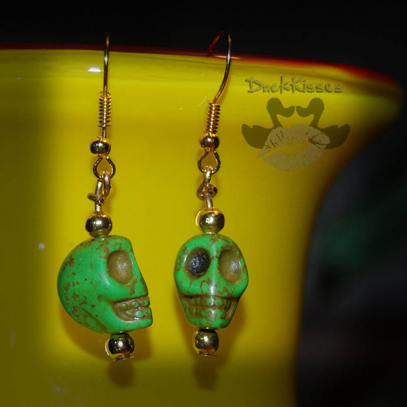 Green Howlite Skull Earrings