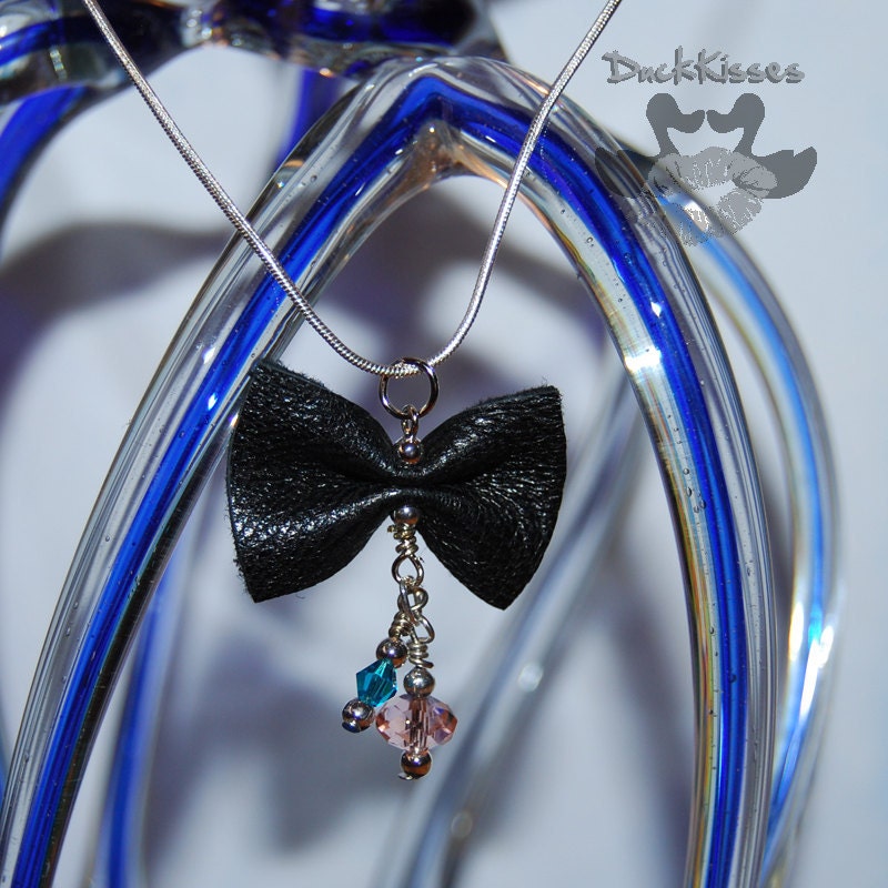 Pink and Blue Beads with Leather Bow Necklace on 28" Silvertone Rope Chain