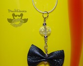 Large Clear Bead with Leather Bow Necklace on 19" Silvertone Rope Chain