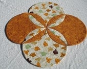 Leaf Quilt Table Runner Topper Centerpiece -  Mums, Fall Leaves - Orange, Brown, Tan, Green