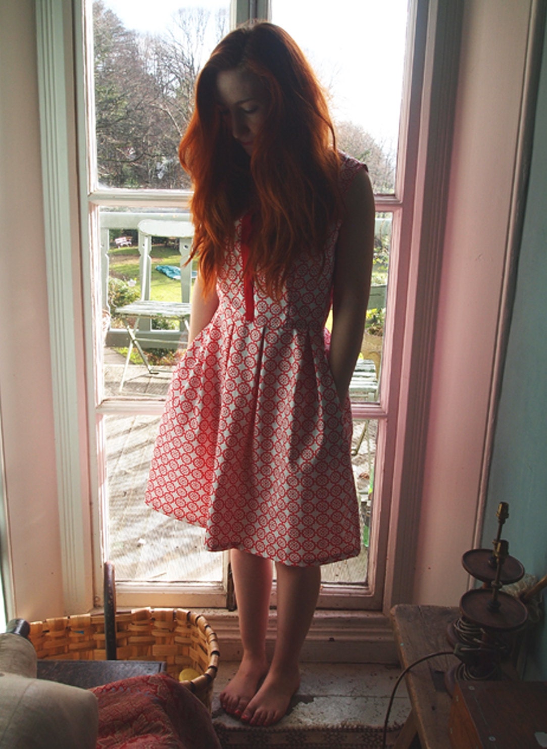 The 'Battenberg' Button Top Pleat Skirt Dress in Organic Cotton - Size Large