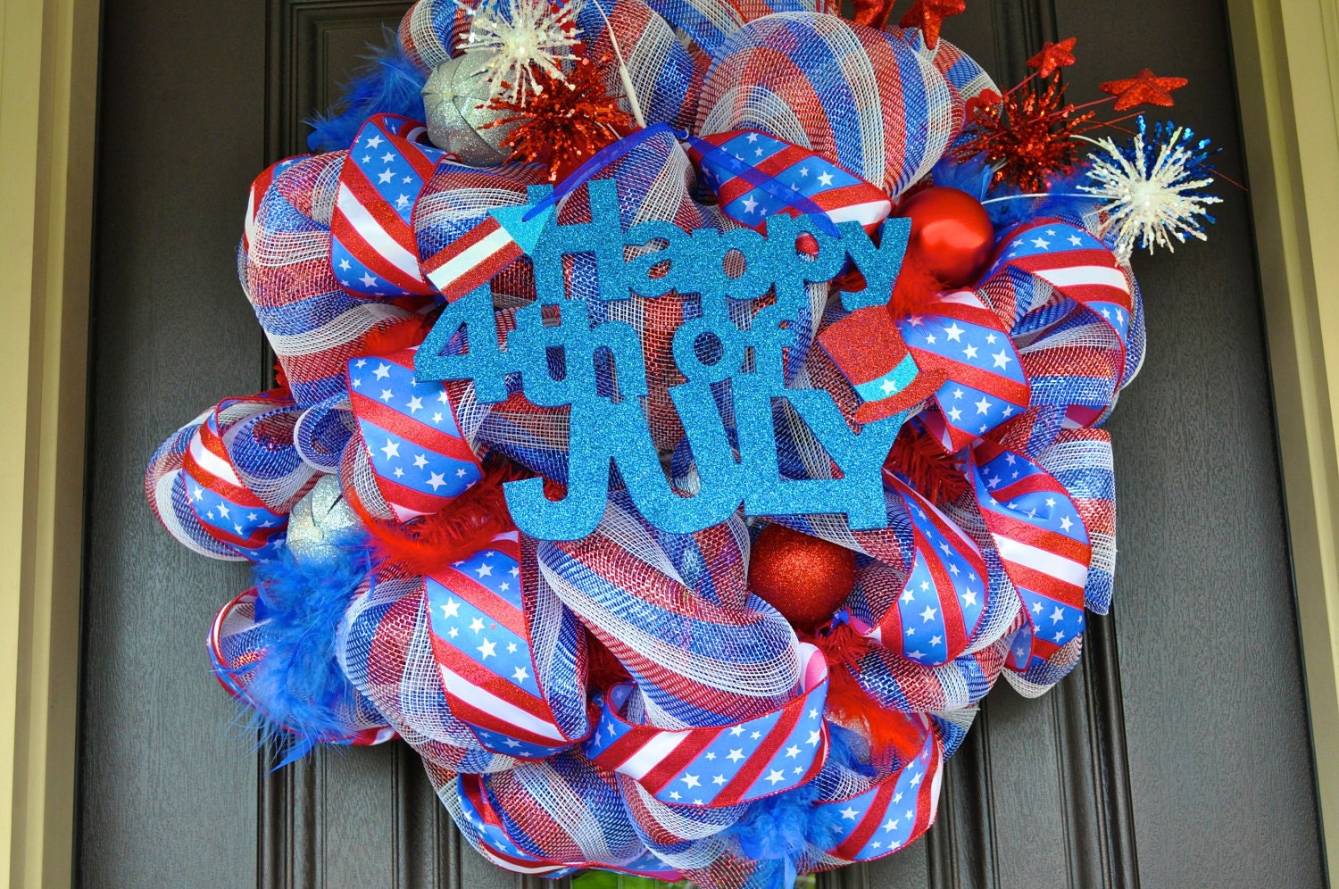 Fourth of July Wreath, OOAK, RAZ Wreath, Red White and Blue Deco Mesh Wreath