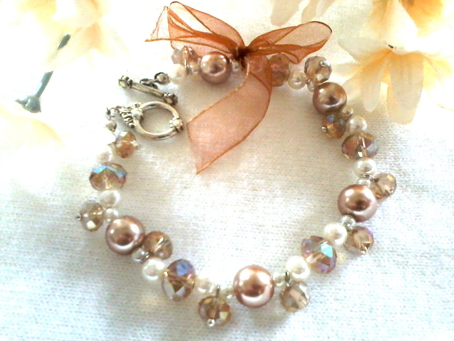 Beautiful Beige and Pale Tone Crystal and Pearl Toggle Bracelet/ Bridal Jewelry/ Bridesmaid/ Mothers Day/