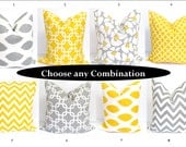 SALE.Pillow Sets.Gray.Yellow SETS Pillows.Sets.16x16 inch Decorator Pillow Cushions.Printed Fabric Front and Back.Housewares.Home Decor