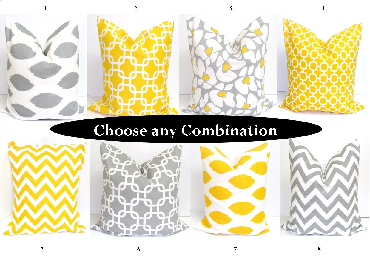 SALE.Pillow Sets.Gray.Yellow SETS Pillows.Sets.16x16 inch Decorator Pillow Cushions.Printed Fabric Front and Back.Housewares.Home Decor