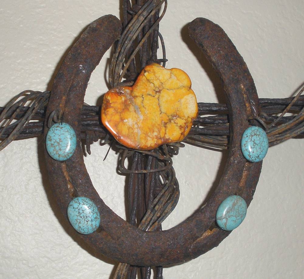 Primitive Rustic South Western Style Cross Rusty Barbed Wire Horseshoe Natural Turquoise and Orange Stone