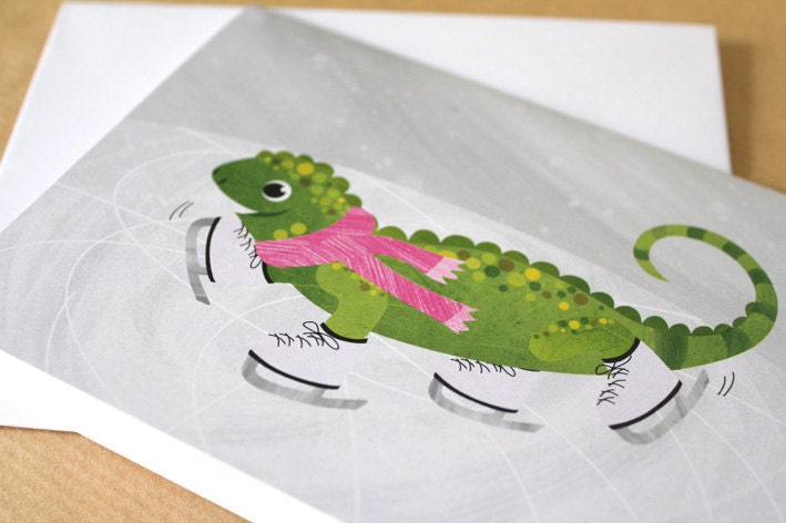A6 blank greeting card -  Iguana ice skating