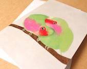 Love birds greeting card. Pink, green red feathers. Textured collage of digital and painted art.