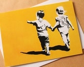 Best friends greeting card - two children holding hands, yellow black and white, print of an original stencil painting, A6
