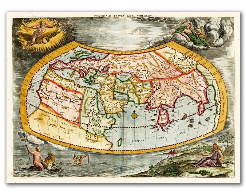 Universalis Tabula Iuxta Ptolemaeum 1578, Vintage  map printed on parchment paper