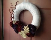 14 Inch White Yarn Wrapped Wreath with Plum, Cranberry and Cream Felt Flowers
